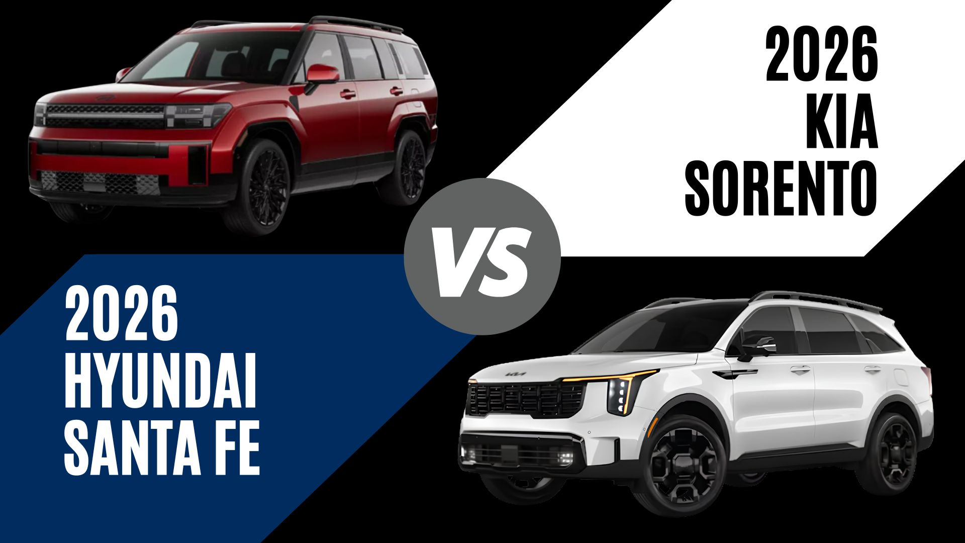 2026 Hyundai Santa Fe and 2026 Kia Sorento three-row SUVs shown together for Little Rock, Arkansas drivers